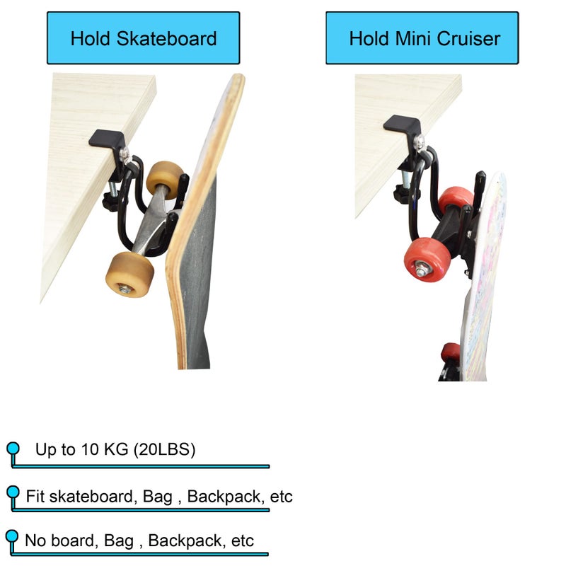 YYST Desk Store Clamp-On Skateboard Holder/Skateboard Hook/Mini Cruiser Hanger | Provides a Convenient Place to Hang Skateboard or Longboard to Reduce Clutter (20 lb. Capacity)- No Board (1) - Image 4